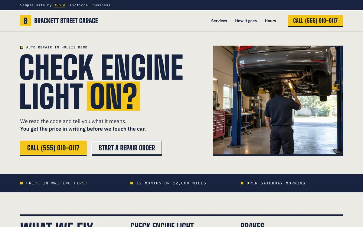 Home page of the sample site for Brackett Street Garage, a fictional auto repair shop.