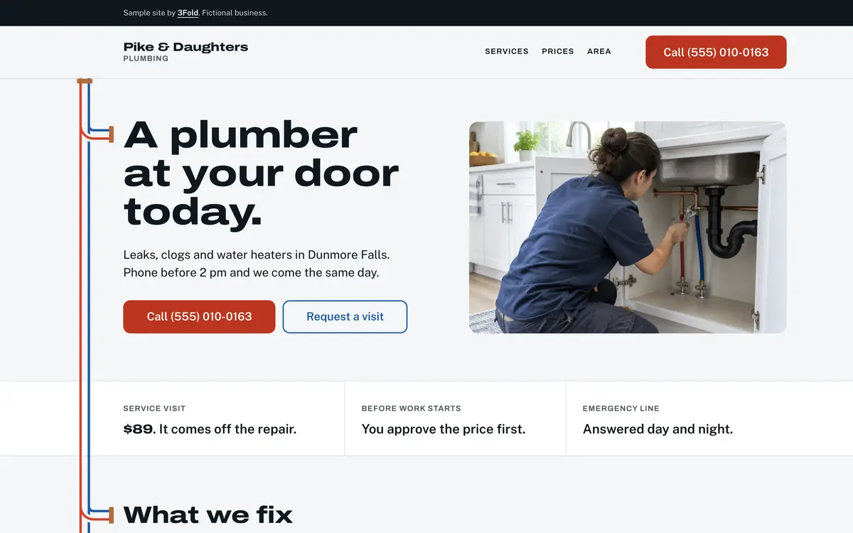 Home page of the sample site for Pike & Daughters Plumbing, a fictional plumbing company.