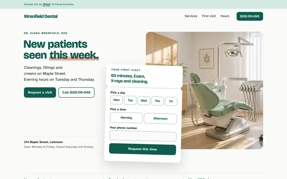 Home page of the sample site for Wrenfield Dental, a fictional dental office.