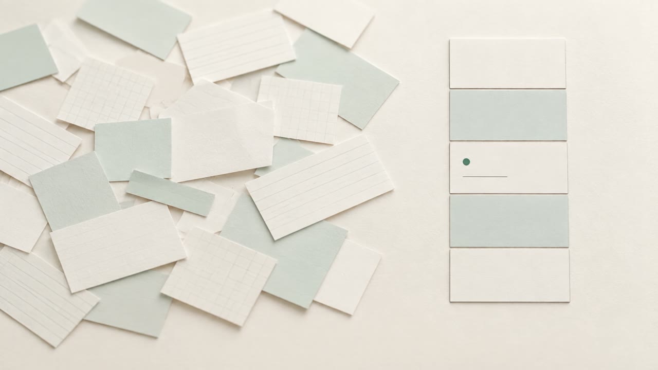 Cards slide out of a loose pile into one ordered column. A dot marks one of them.