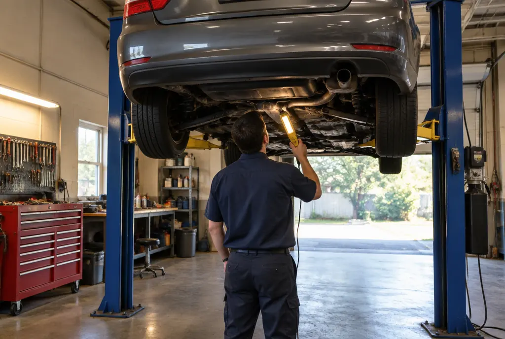 A mechanic in a navy work shirt holds a yellow work light under a gray sedan raised on a blue two post lift in a tidy repair bay.