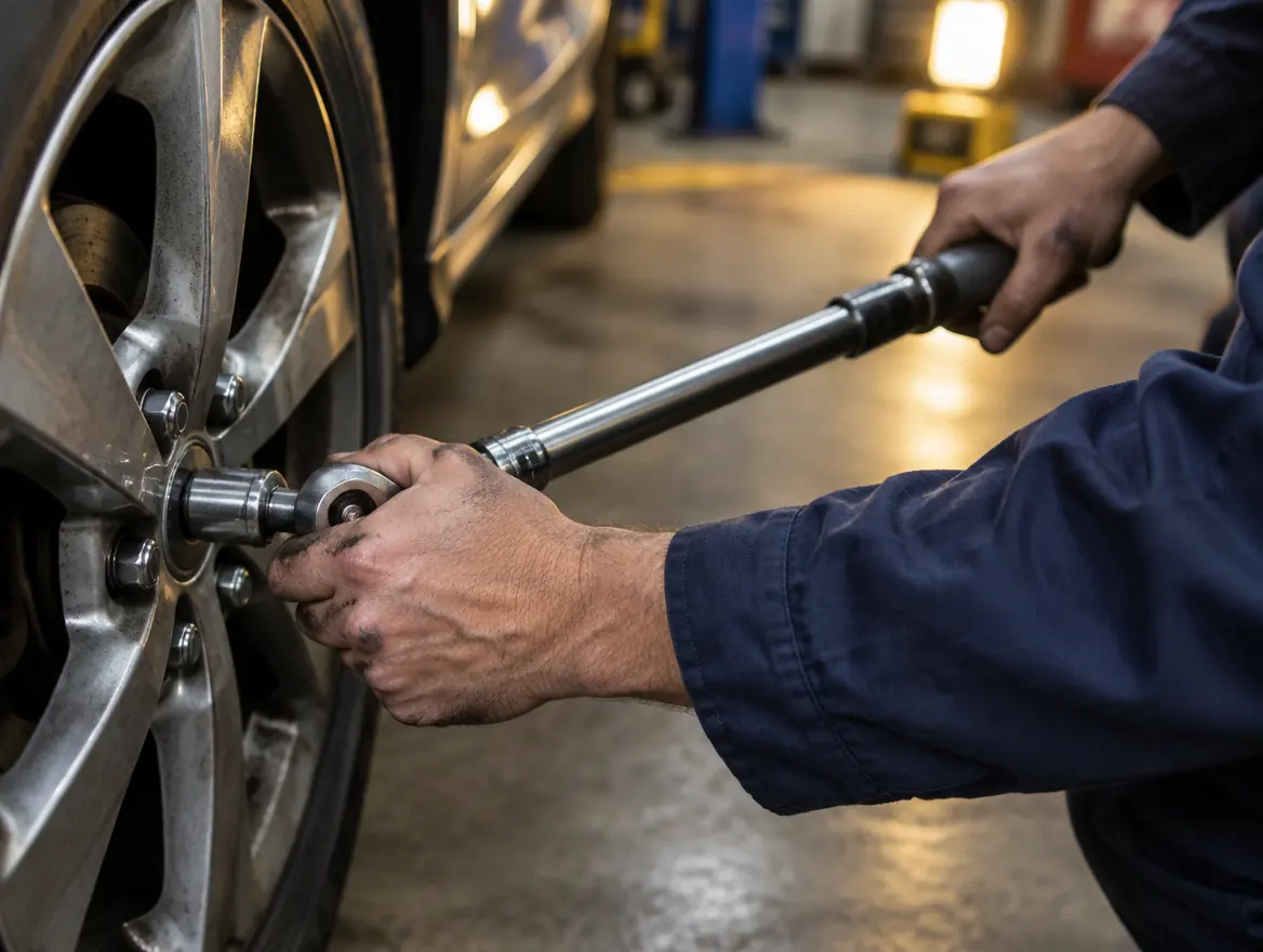 Close up of a mechanic's hands tightening a lug nut on a wheel with a torque wrench.