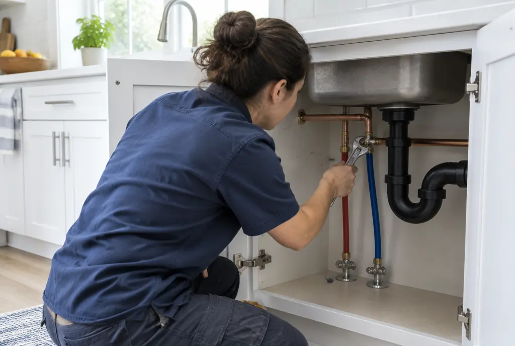 A plumber in a dark blue shirt kneels at an open sink cabinet and tightens a fitting on the copper pipes. A red and a blue supply line run down to the shutoff valves.