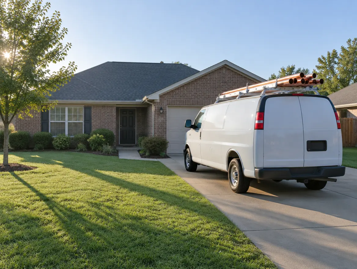 A white service van with copper pipes on the roof rack, parked in the driveway of a brick house in early morning light.