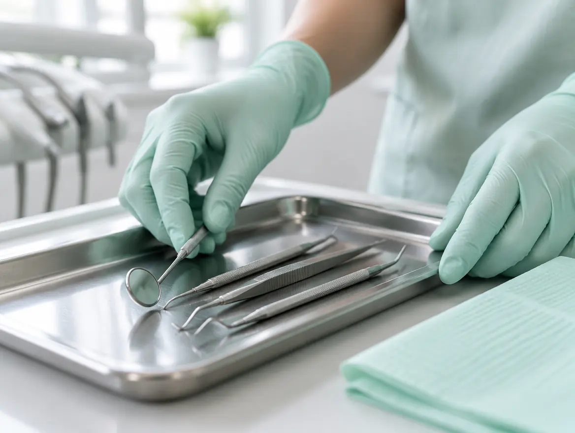 A hygienist in mint gloves sets a mouth mirror on a steel tray.