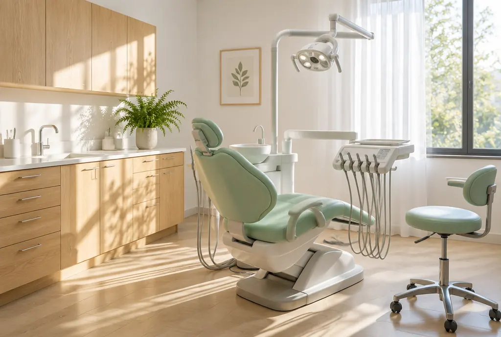 A bright treatment room with a pale mint dental chair, light oak cabinets, a fern and morning sun through a sheer curtain.